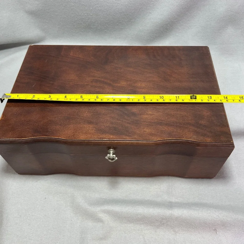 Vintage Wooden Jewelry Box Chest Red Velvet Lining Removable Tray Necklace Hooks
